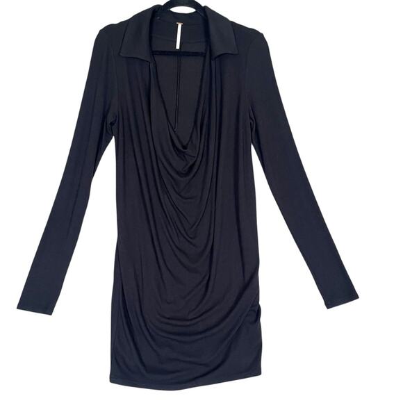 Free People Tessa Drape Neck Collared Dress Womens Small Black Mini Long Sleeve - Picture 4 of 11